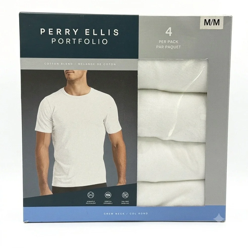 Perry Ellis Portfolio Undershirts Mens M White 4-Pack Cotton Blend Crew Neck NEW